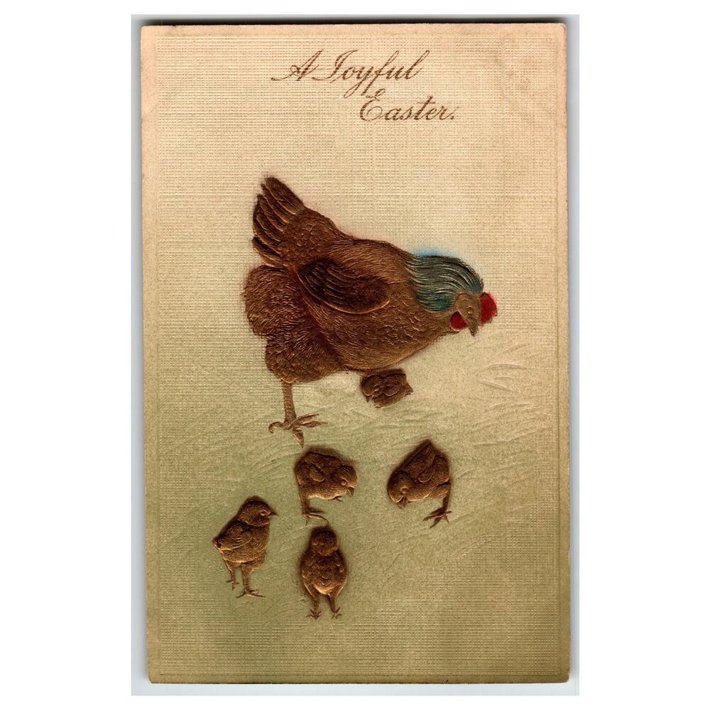 Vintage Embossed Easter Postcard Hen & Chicks Linen German P.V. Antique